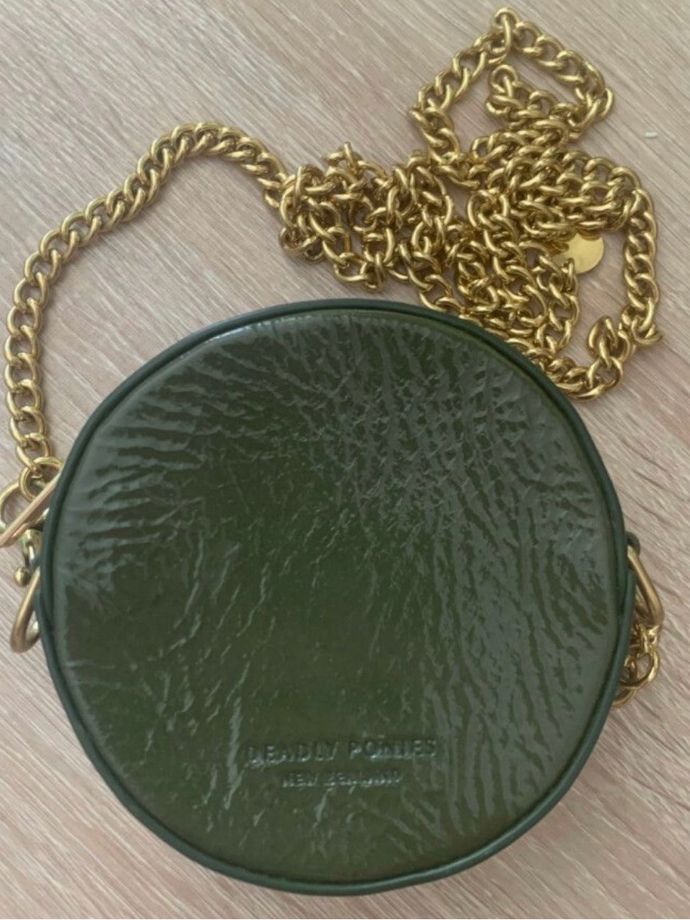 NWT Deadly Ponies Emerald Patent “Mr. Pom Pom” Crossbody w/ Gold Chain. 🐴